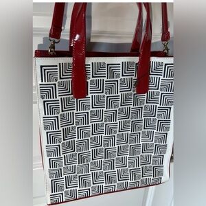 Riccaldi Tote Bag Red Faux Patent Navy White Geometric Work Bag Laptop Large